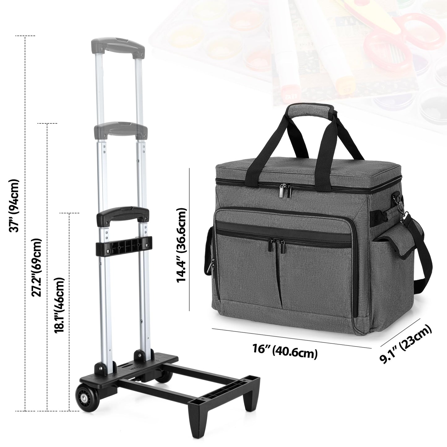 Trunab Rolling Scrapbook Tote with Expandable File Pocket, Large Craft Organizer and Storage Bag with Detachable Trolley and Bottom Support Panel for Scrapbooking Supplies and Art Tools, Grey
