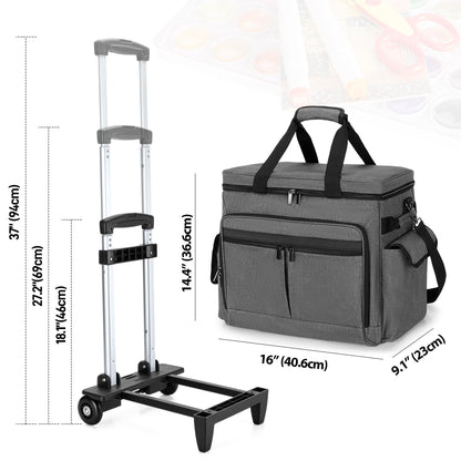 Trunab Rolling Scrapbook Tote with Expandable File Pocket, Large Craft Organizer and Storage Bag with Detachable Trolley and Bottom Support Panel for Scrapbooking Supplies and Art Tools, Grey