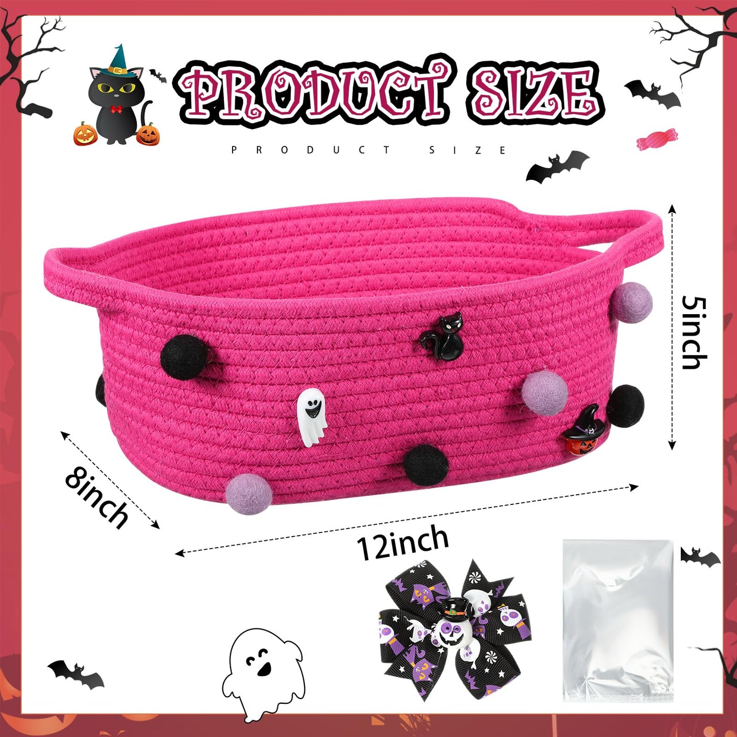 Teenyyou Halloween Gifts Basket Empty, 12" x 8" x 5" Woven Rope Basket with Gift Wrap Bag and Bow Clip for Halloween Party Gift Wrapping Decorations(Plum Red)