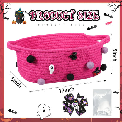 Teenyyou Halloween Gifts Basket Empty, 12" x 8" x 5" Woven Rope Basket with Gift Wrap Bag and Bow Clip for Halloween Party Gift Wrapping Decorations(Plum Red)