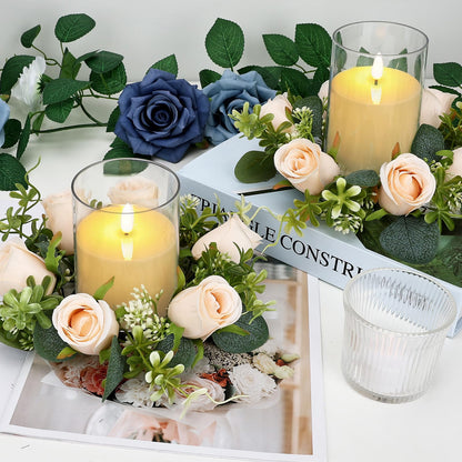 Tobilu 12 PCS Candle Rings with LED Flameless Candles, 3 Inch Artificial Rose Wreaths Eucalyptus Leaves for Table Centerpieces Home Wedding Party Decor, Champagne, 6 Sets