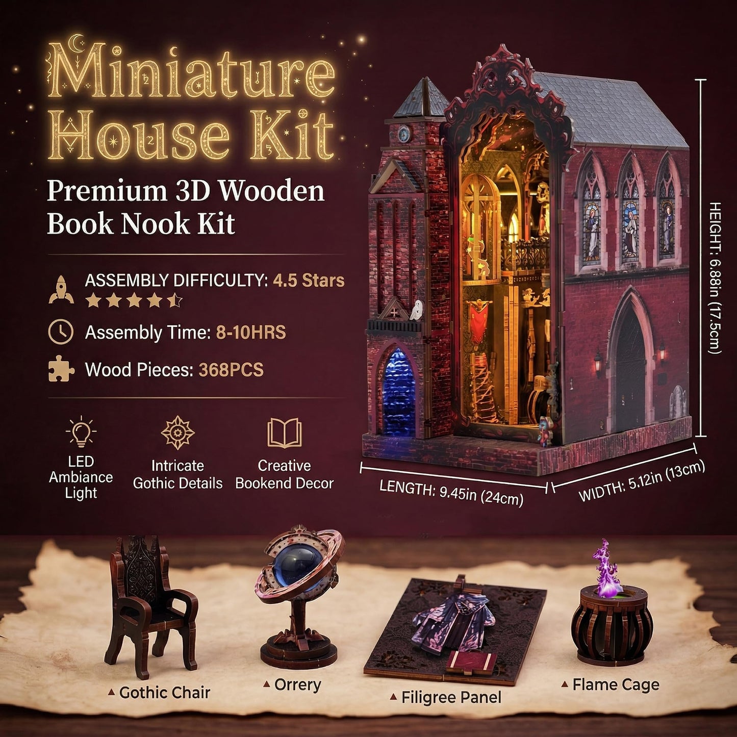 Book Nook Kit, DIY Miniature House Dollhouse Crafts Kit for Adults and Teens, Magic Castle 3D Wooden Puzzle Booknook Build Bookshelf Decor, Gifts for Family and Friends（Arcane Sprire）