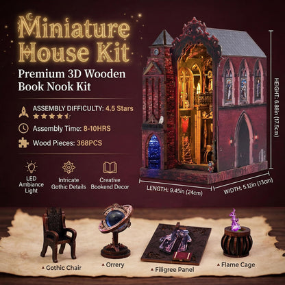Magic Castle Book Nook Bookshelf Insert Kit – LED Infinity Mirror 3D Wooden Puzzle with Gear Mechanism,368 Pcs DIY Model for Fantasy Book Decor, Gifts for Adults & Teens