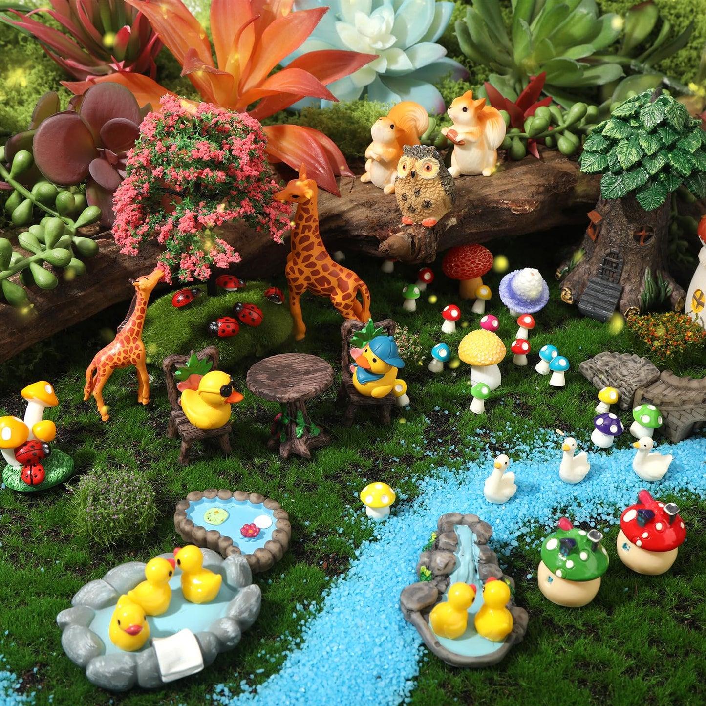 84 Pcs Fairy Garden Accessories Mini Garden Accessories Mini Resin Animals Mushroom Squirrel Duck Rabbit Bridge Pond Owl Micro Landscape Ornaments Kit for DIY Garden Dollhouse Terrarium Succulent