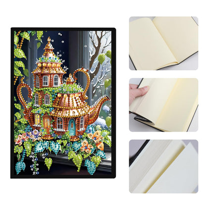 JISHSHAY Diamond Art Notebook Journal Diamond Painting Note Book Gem Art Sketchbook Gem Painting Blank Notebook Mosaic Kits for Adults Diary with Special Shape Drills 14.5×21cm/5.7×8.26in Teapot House