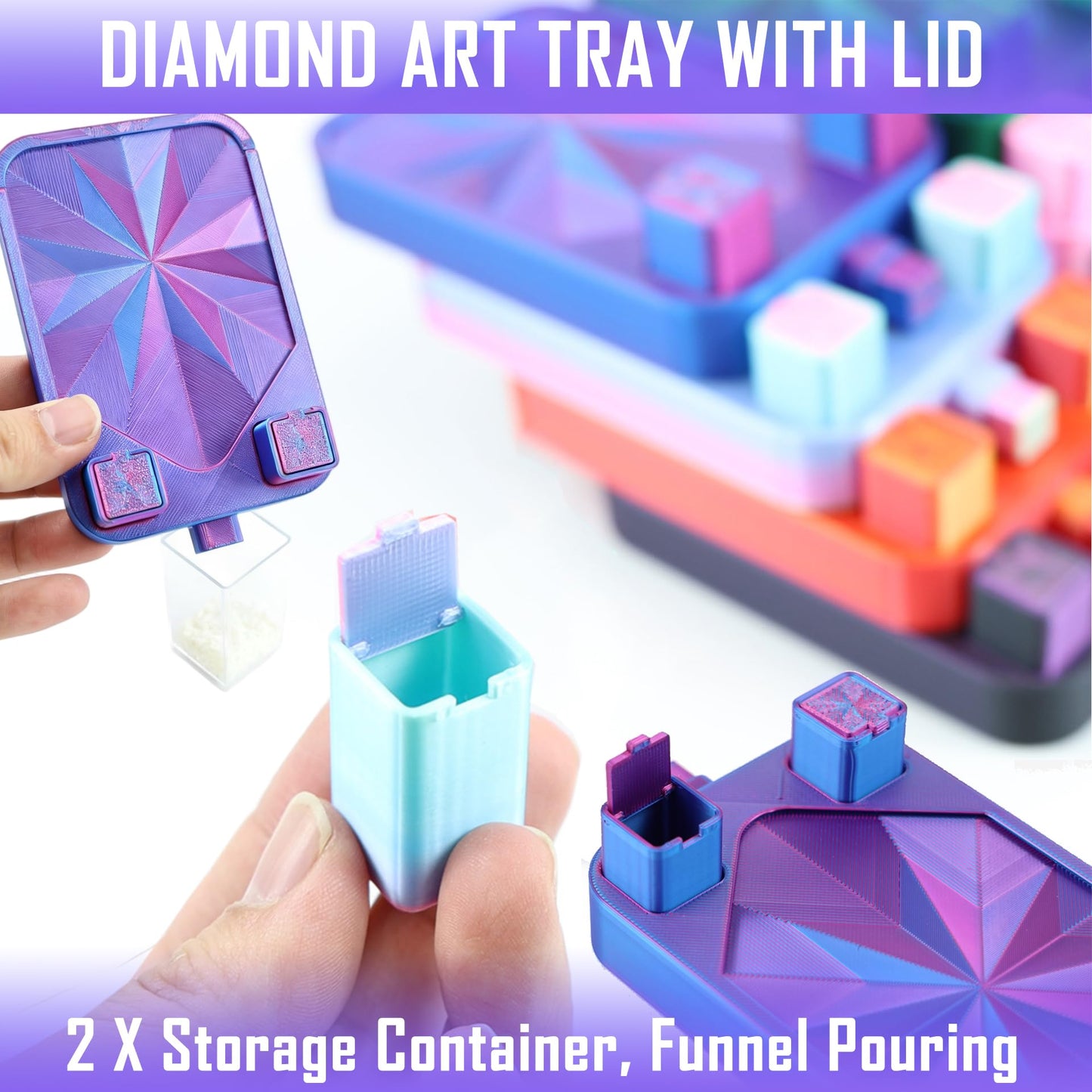 Diamond Painting Tray with Lid and Tweezer, Rhinestone Storage Tray with Lid & 2 Storage Bucket Design, Easy Pour Bead Tray, Diamond Art Kits for Adults, Diamond Art Accessories Tools (Black Purple)