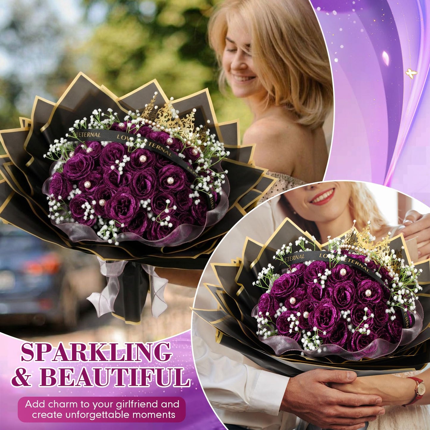 Suncalla 52 Pcs Purple Glitter Roses Bouquet DIY Kit, Large Sparkly Artificial Flowers with Crown and Wrapping Paper, Everlasting Rose Gift for Mother's Day, Graduation, Birthday, Anniversary