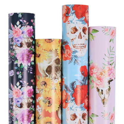 Aimyoo Gothic Skull Floral Wrapping Paper Bundle Roll, Skeleton Flowers Halloween Wrap Paper 17 in x 16 ft per Roll