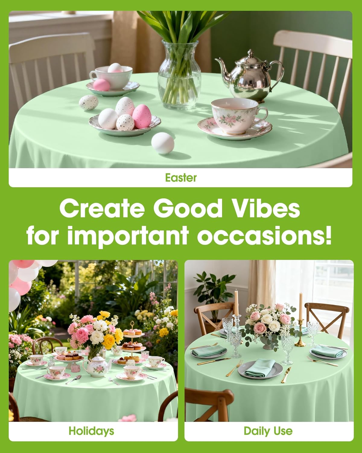 Pureegg Disposable Plastic Tablecloths - 84'' Round, Leakproof & Sturdy, Sage Green - 8 Pack for Easter Parties