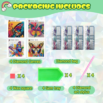 ICYANART 4 Pack Butterfly Diamond Art Painting Kits for Kids Butterfly Diamond Art Painting for Kids Ages 6-8-12 Gem Art Small for Girs for Gifts and Home Wall Decor 7x7inch