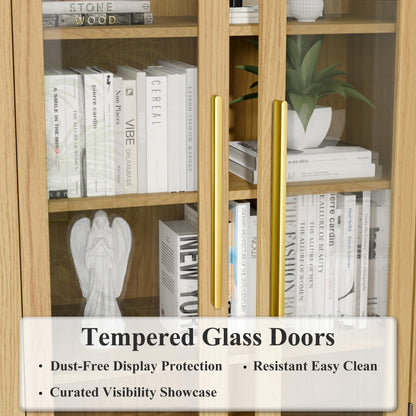 Topcomfy 63" Arched Display Cabinet with Glass Doors, 5-Tier Display Cabinets for Collectibles Wood Display Cabinet with Adjustable Shelves Display Curio Cabinet for Living Room Office, Oak