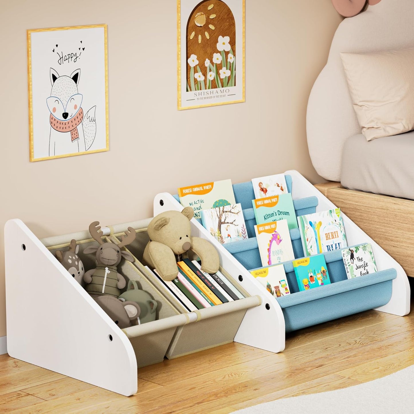 4-Tier Polegas Montessori Kids Bookshelf - Toddlers Bookshelf with Tear-Proof Oxford Sling, Book Shelf for Kid Rooms