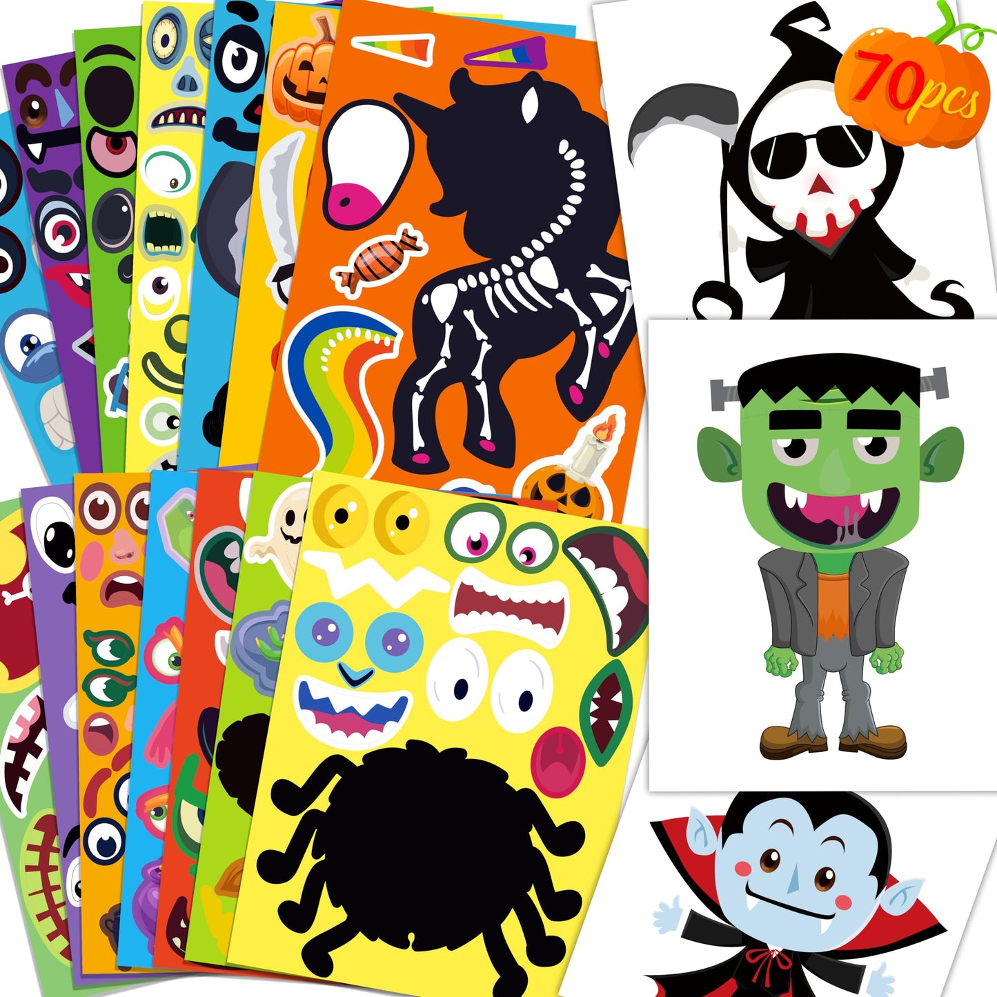 Moon Boat 70 Sheets Halloween Stickers Crafts for Kids, Make-a-Zombie/Pumpkin/Ghost/Monster/Skeleton/Spider/Vampire/Reaper/Witch/Mummy Face Activity Sticker Favors Bulk Party Supplies(Small Size)