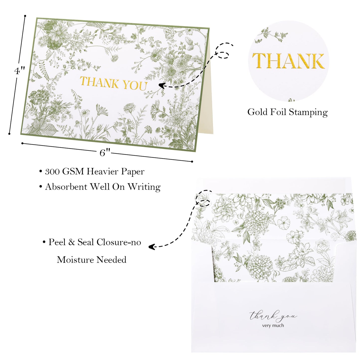 Crisky Green Floral Thank You Cards Gold Foil Greeting Notes Bulk with Envelopes (50 Pack) for Birthday, Baby Shower, Bridal Shower, Wedding, Graduation