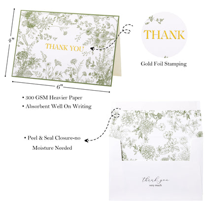 Crisky Green Floral Thank You Cards Gold Foil Greeting Notes Bulk with Envelopes (50 Pack) for Birthday, Baby Shower, Bridal Shower, Wedding, Graduation