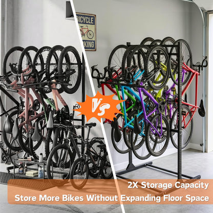 Freestanding Bike Storage Rack for 8 Bikes Heavy Duty Adjustable Bike Rack for Garage Organization & Storage Bike Rack with Hooks for Helmets and Accessories for Road, Mountain & Hybrid Bicycles