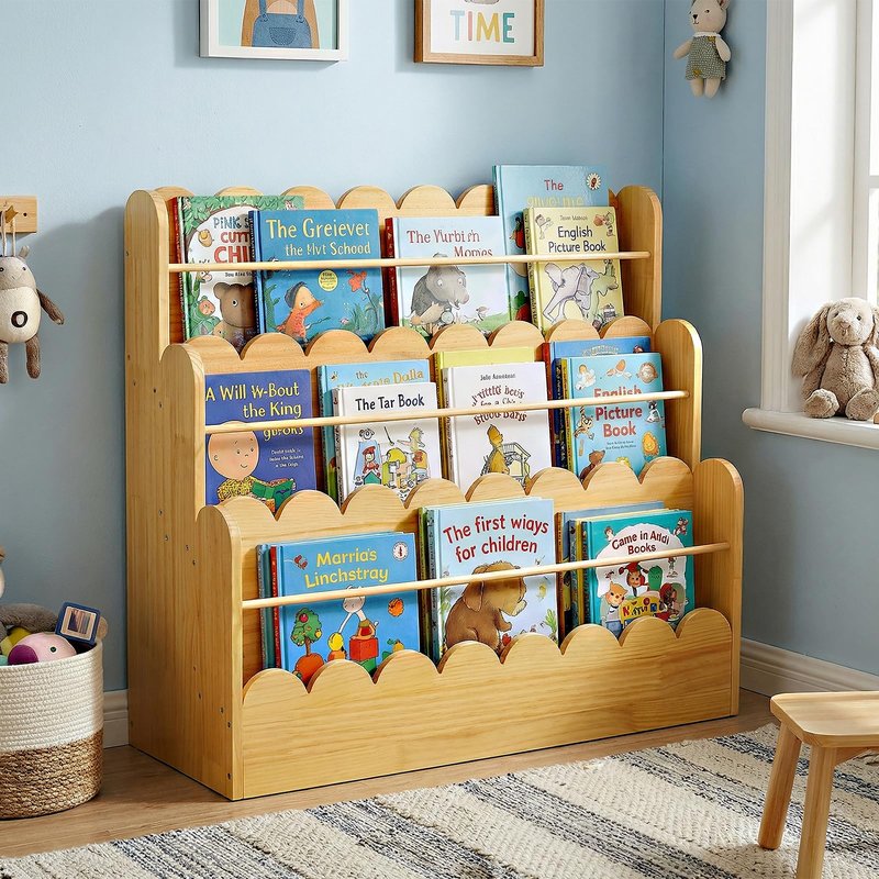 Amdermi Scalloped Design | 3-Tier Montessori Solid Wood Kids Bookcase | 29.6" Wide Toddler Storage Shelf | Easy Access Floor Display Furniture for Playroom/Nursery