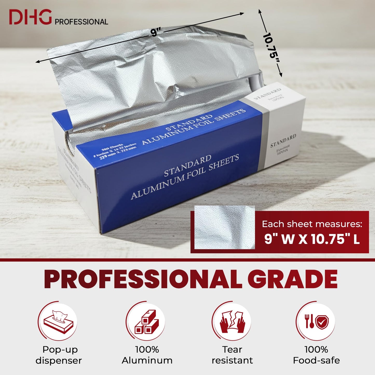 DHG PROFESSIONAL Aluminum Foil Sheets, 500 Count – 9" x 10.75" Pre-Cut Pop-Up Dispenser for Food Wrap, Sandwich Wrap, Hair Foils, Food Storage, Baking, Catering, Restaurant, Salon Use