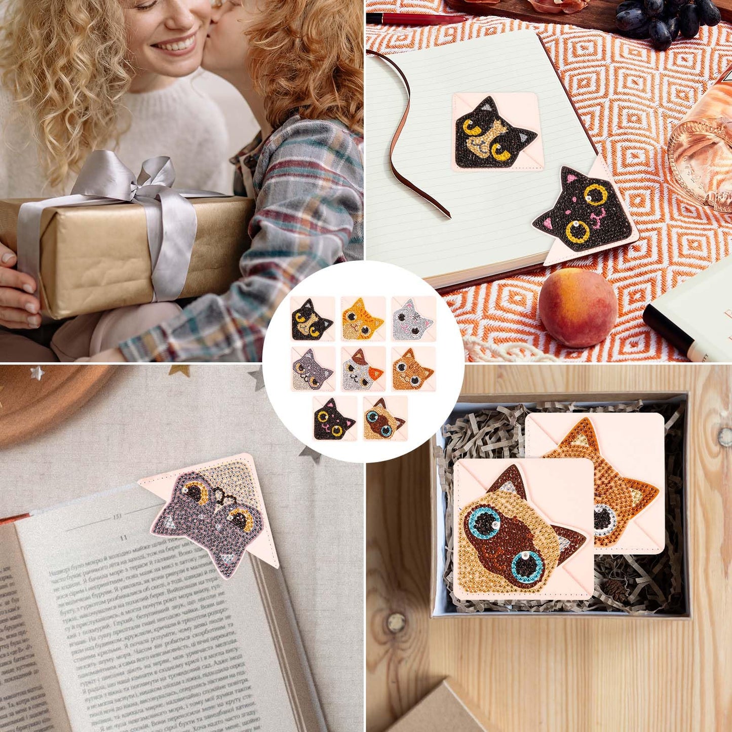 SAVITA 8pcs Diamond Artistic Painting Corner Bookmarks, PU Leather Triangle Bookmark 5D Diamond Aesthetic Painting Bookmarks Kit DIY Diamond Art Bookmarks for Book lover Art Craft Making (Cat Pattern)