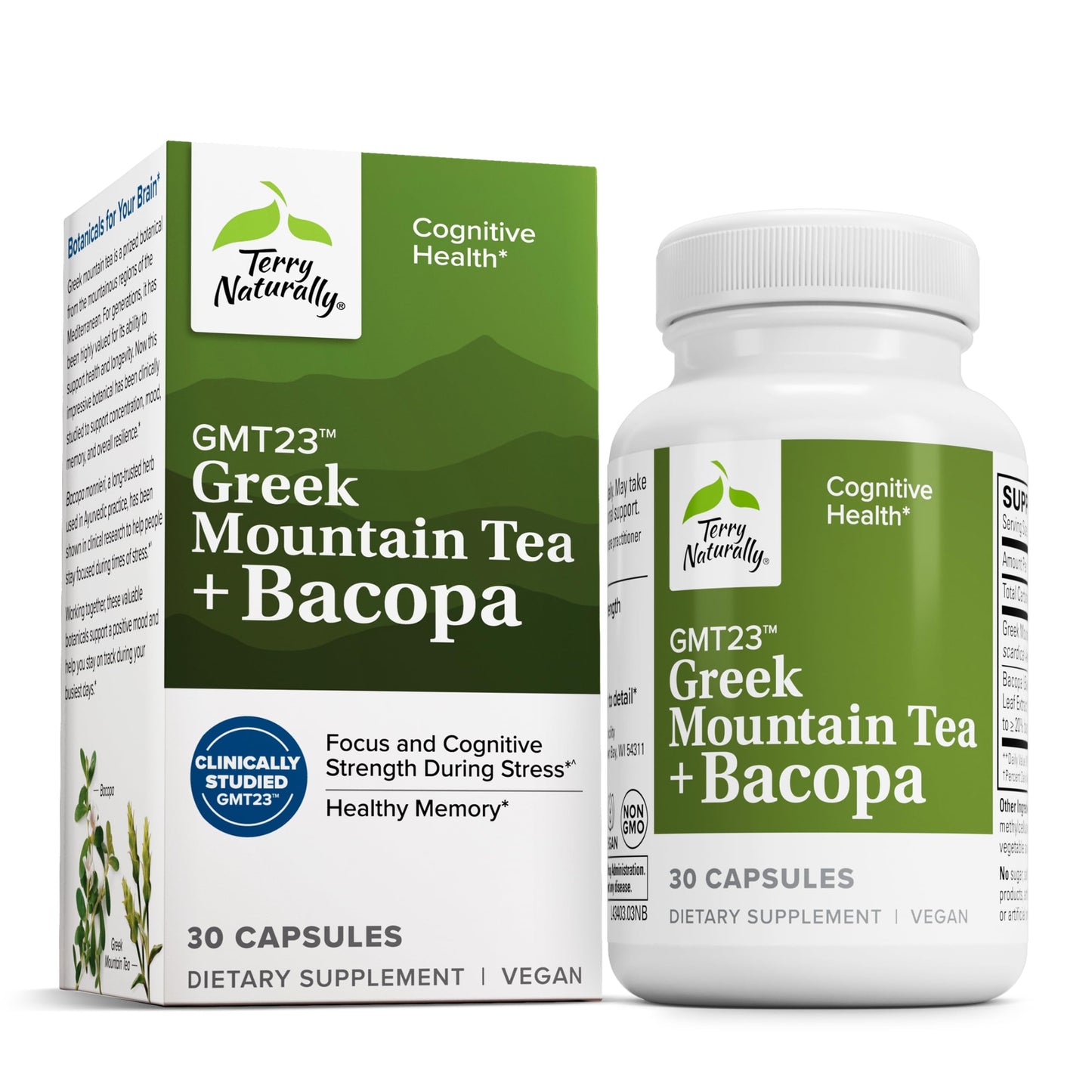Terry Naturally GMT23 Greek Mountain Tea Plus Bacopa - Dietary Supplement for Focus Support - Brain Health Supplement for Attention to Detail - Herbal Supplement with Antioxidants - 30 Capsules