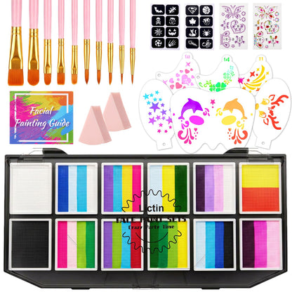 Lictin Face Painting Kit for Kids & Adults - 12x10g Split Face Paint Water Activated Water Based, Professional Body Paint Kit with Facepaint Stencils, Ideal for Party Cosplay Holiday Makeup