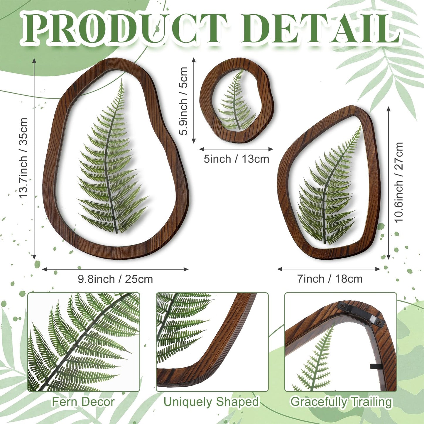 Lineshading Pressed Fern Wall Decor Set of 3, Irregular Wooden Frame with Preserved Ferns Double Glass, Rustic Botanical Wall Art for Bedroom Living Room Office, Housewarming Gift