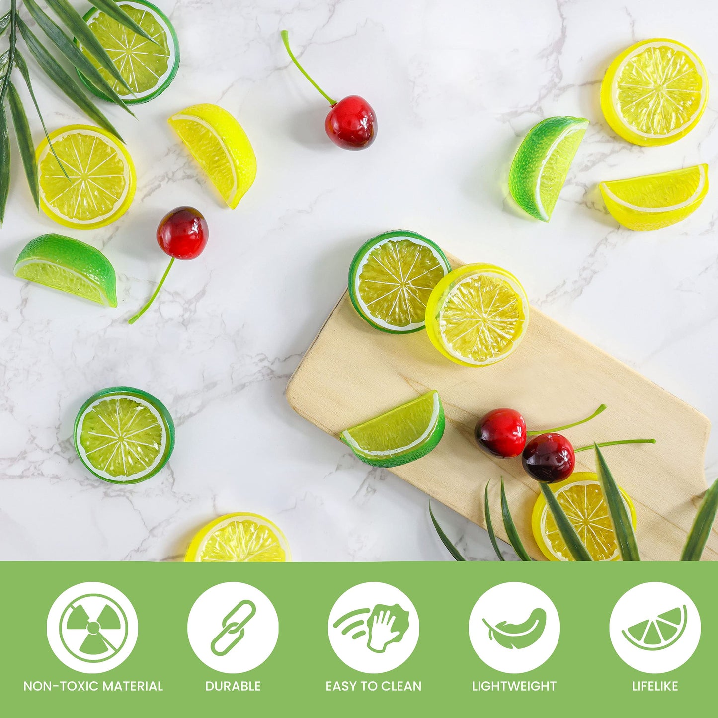 40Pcs Artificial Lifelike Cherries Lemon Lime Slices and Wedges. Decorative Lemon Slices and Blocks Red Black Cherries Fake Fruit for Home House Kitchen Party Wedding Décor Desk Ornament DIY Craft