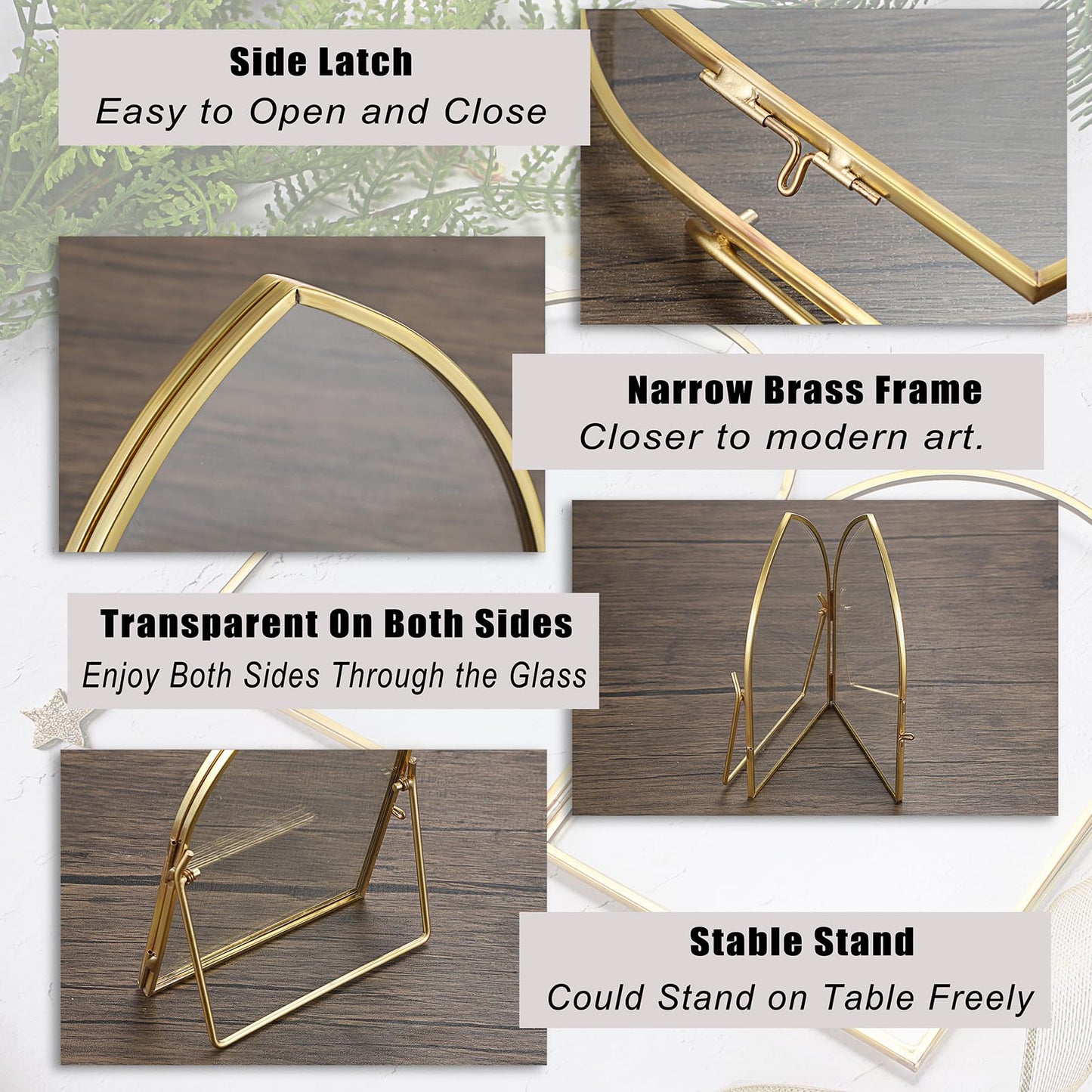 JUXYES 4x6 Inch Tabletop Double Glass Frame for Pressed Flowers, 3 Pack Glass Desktop Picture Artwork Display Frames, Brass Floating Frame Style for Dried Flowers Photo Picture Poster etc
