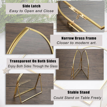 JUXYES 4x6 Inch Tabletop Double Glass Frame for Pressed Flowers, 3 Pack Glass Desktop Picture Artwork Display Frames, Brass Floating Frame Style for Dried Flowers Photo Picture Poster etc