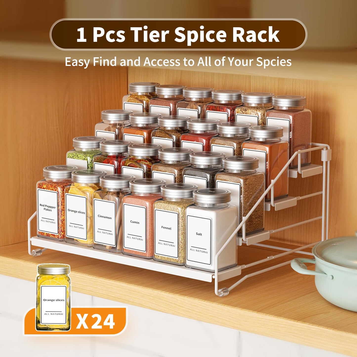 4 Tier Spice Rack for Cabinet, Spice Rack Organizer, Depth Adjustable Spice Holder for Countertop, Cupboard, Pantry, Seasoning Shelf, Metal, Black (1 Pack)