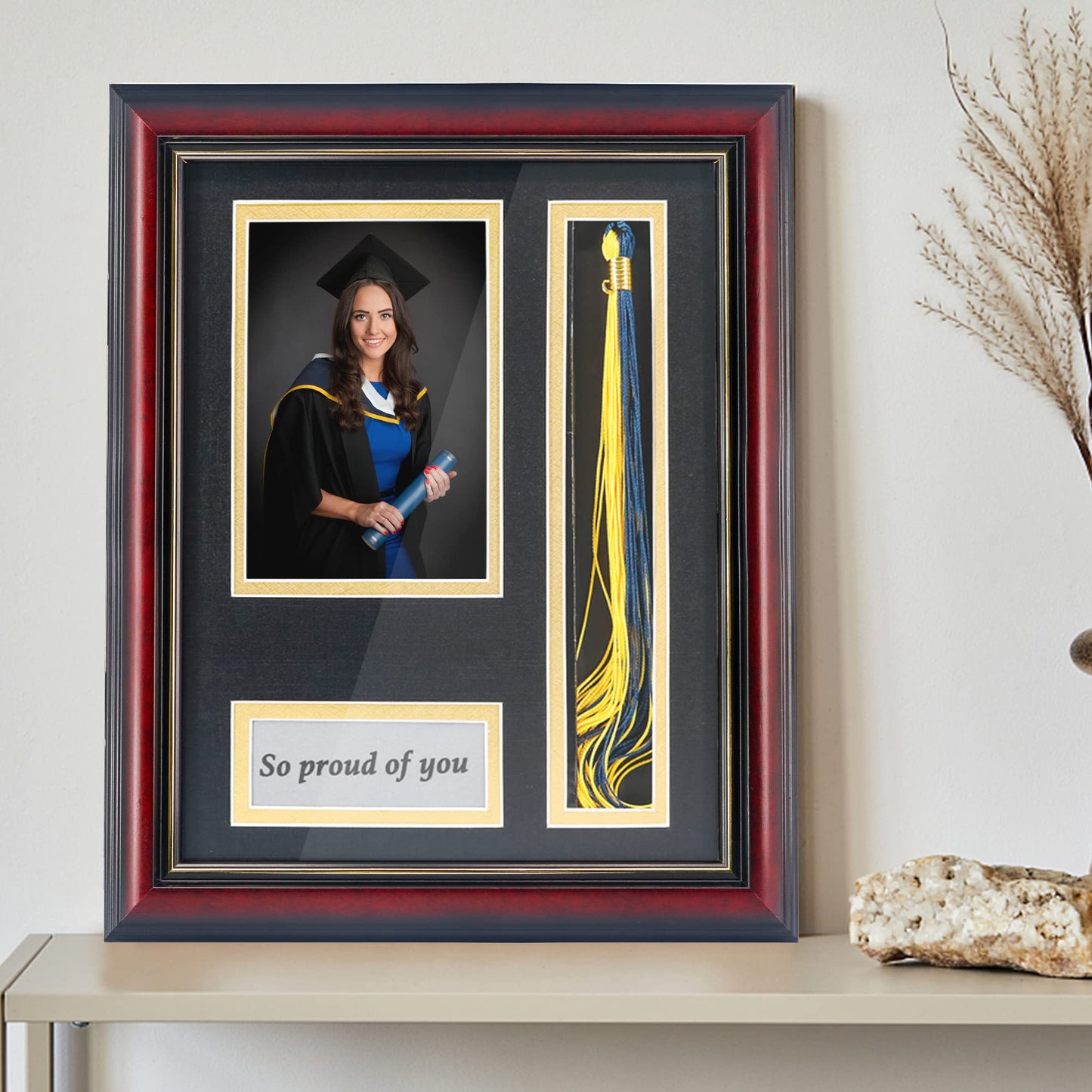 GMFrames Graduation Photo Shadow Box Frame with Tassel Holder for 4x6 Pictures,Solid Wood Real Glass,Black over Gold Double Mat,Wall & Tabletop Design