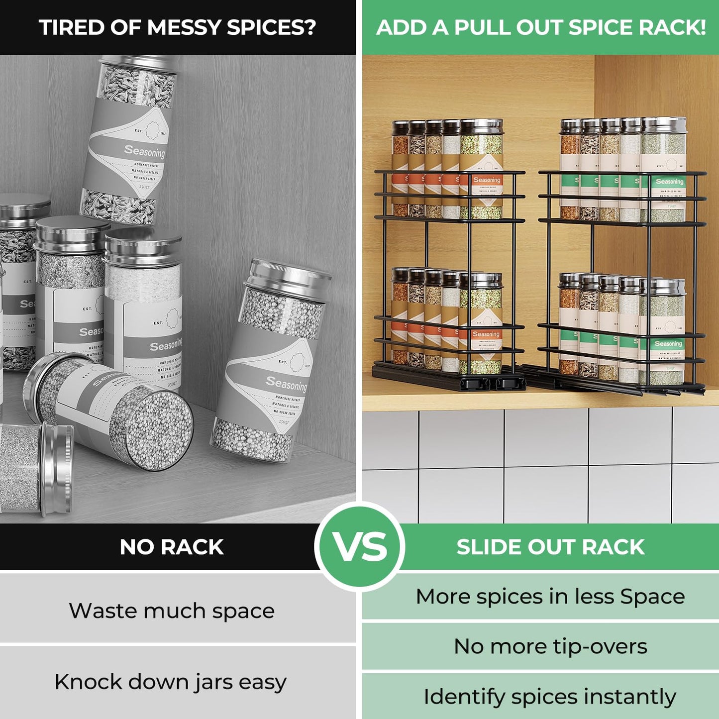 Pull Out Spice Rack Organizer for Cabinet, Slide Out Spice Racks, Easy to Install, 2.1''Wx10.35''Dx8.26''H, 3 Drawers 2 Tiers(Black)