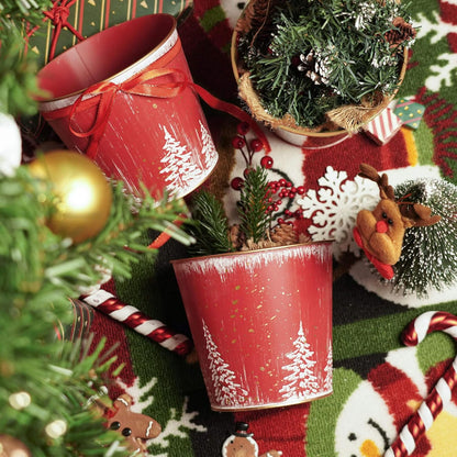 5.9in 4Pcs Putuo Decor Christmas Planters Pots, Small Metal Tin Buckets with Christmas Tree Pattern, Round Galvanized