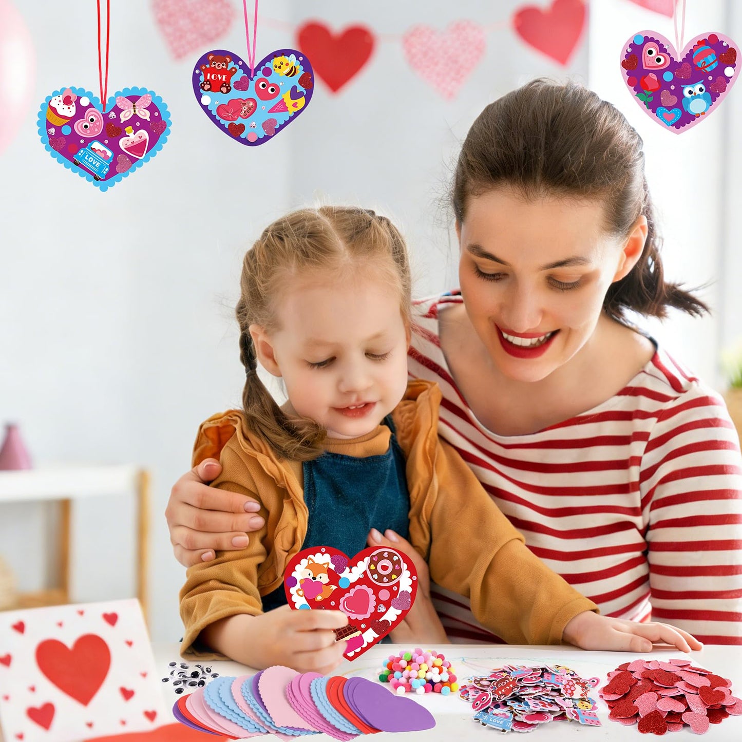 LOAVER 24 Sets Valentines Day Heart Ornaments Craft Kit,DIY Assorted Foam Heart with Shape Stickers Googly Eyes Rhinestones Bookmark for Valentines Day Presents Gift Exchange Craft Supplies