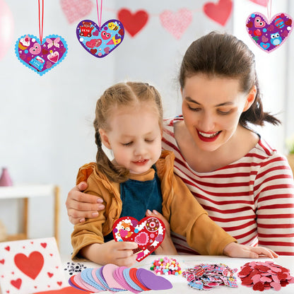 LOAVER 24 Sets Valentines Day Heart Ornaments Craft Kit,DIY Assorted Foam Heart with Shape Stickers Googly Eyes Rhinestones Bookmark for Valentines Day Presents Gift Exchange Craft Supplies