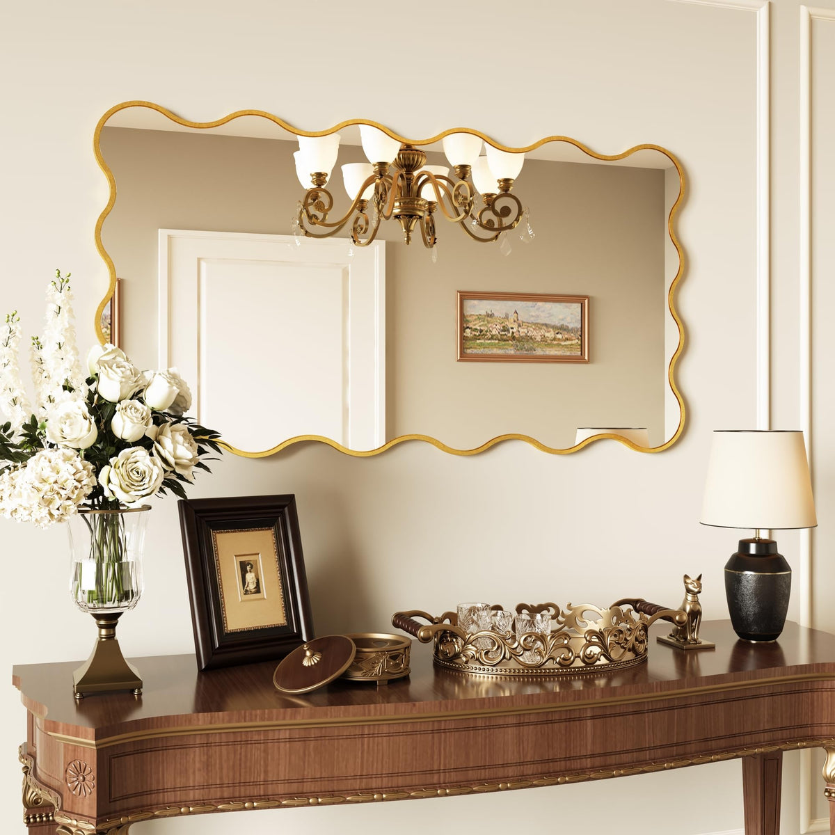 Kelly Miller 28x50 Inch Gold Scalloped Mirror, Large Rectangular Wavy Edge Bathroom Vanity Wall Mirror Decorative for Bedroom Living Room Entryway Fireplace Mantle