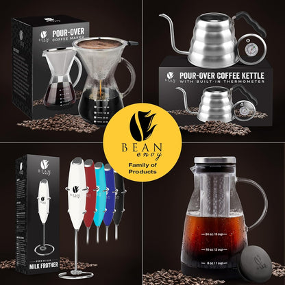 Bean Envy Handheld Milk Frother for Coffee - Electric Mini Drink Mixer Whisk & Coffee Foamer Wand with Stand for