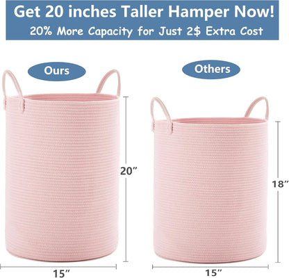 15x20 Inches, 60L Large Pink Laundry Basket Woven Rope Hamper for Baby Girls and Kids, Tall Nursery Storage Bin, Kawaii