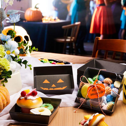 Yaomiao 50 Pcs Halloween Pumpkin Charcuterie Boxes with Clear Lid Rope Card 5.3 Inch Square Disposable Paper Food Containers Bakery Dessert Treat Boxes for Cake Cookie Sandwich Halloween Party Favor