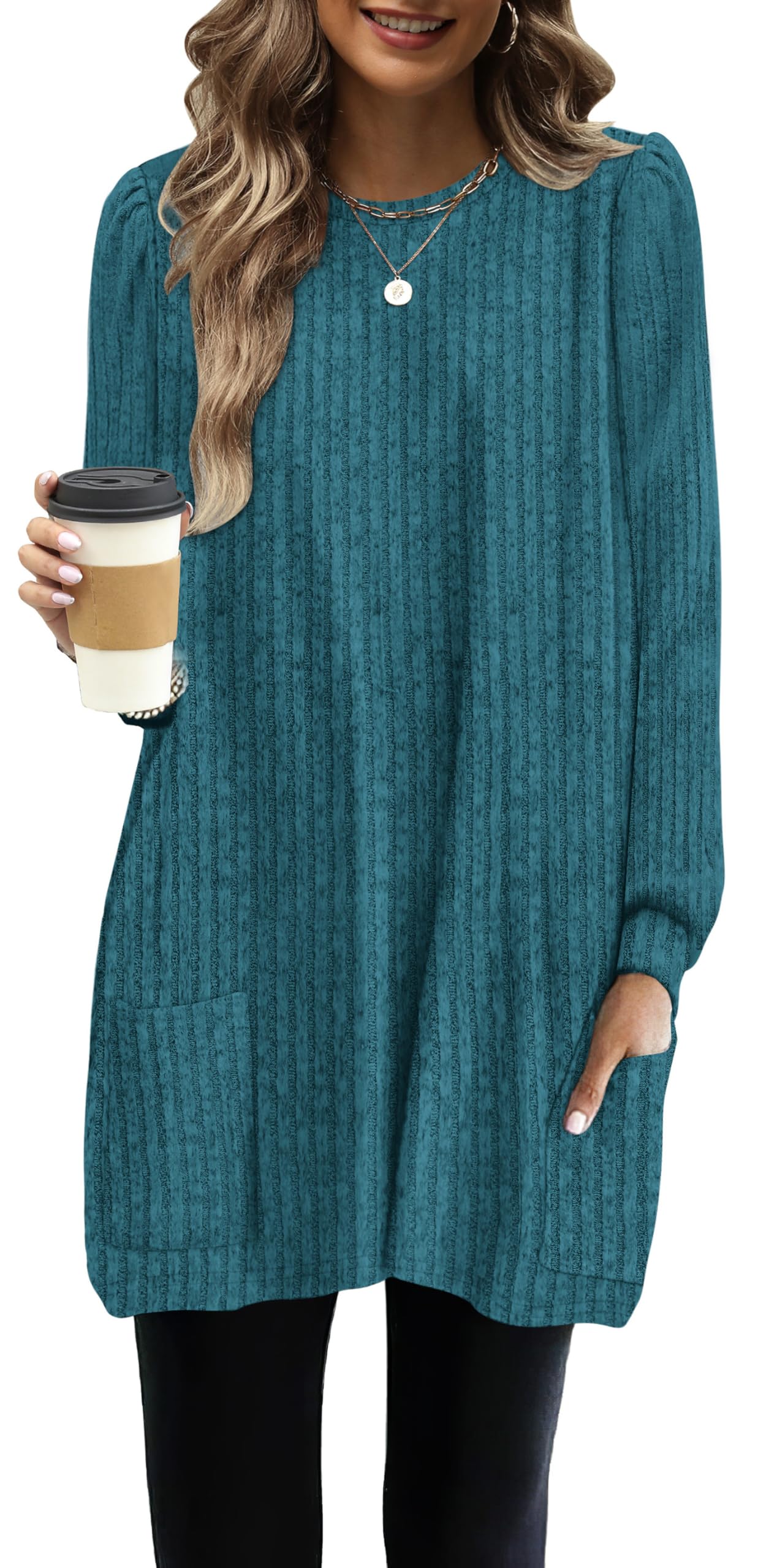 OFEEFAN Long Sleeve Shirts for Women Long Sweaters with Pockets Tunic Tops Loose Fit
