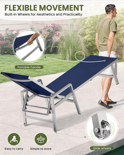 Patio Chaise Lounge Chair Outdoor Set of 2 with Wheels&Armrests, Aluminum Pool Lounge Chairs Five-Position Adjustable Recliner, Outdoor Beach Lounge Chairs for Poolside, Patio, Deck, Yard, Navy Blue