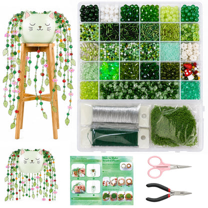 Scvotier Beaded Plant Kits with Wire and Beads, All-in-One Green Glass Beaded Plant DIY Craft Kit with Tools & Instructions - Create Your Own Hanging Green Decor, Relaxing Handmade Gift