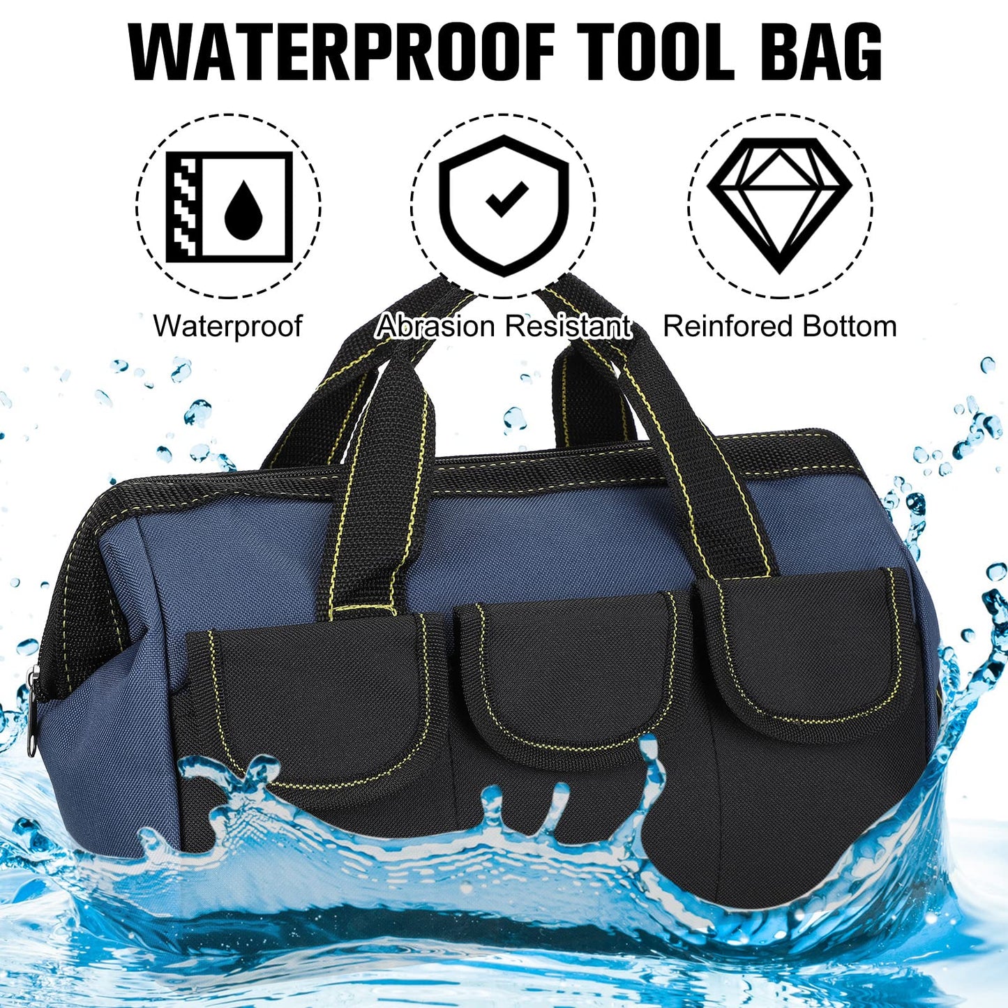 Sanwuta 3 Pack Tool Bag for Men with Waterproof Hard Bottom, Heavy Duty Tool Bag Wide Mouth Tote for Various Instrument, Electrician Carpenter Mechanic(13 Inch,Blue, Yellow, Army Green)