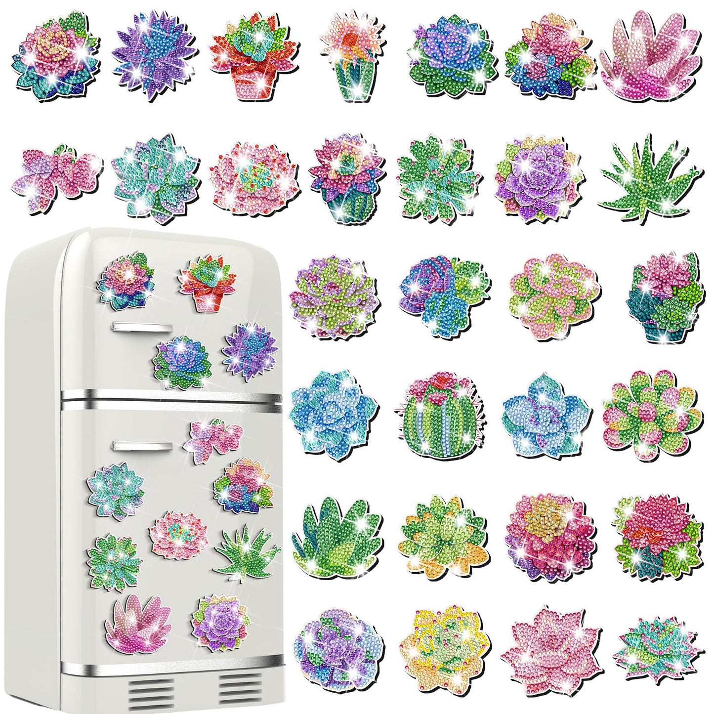 Remuuly 30 Pcs Succulent Diamond Painting Magnets, Spring Diamond Art Magnet Kits for Adults, Succulent Plant Flower 5D Rhinestones Refrigerator Magnetic Stickers for Beginner, DIY Crafts Fridge Gifts