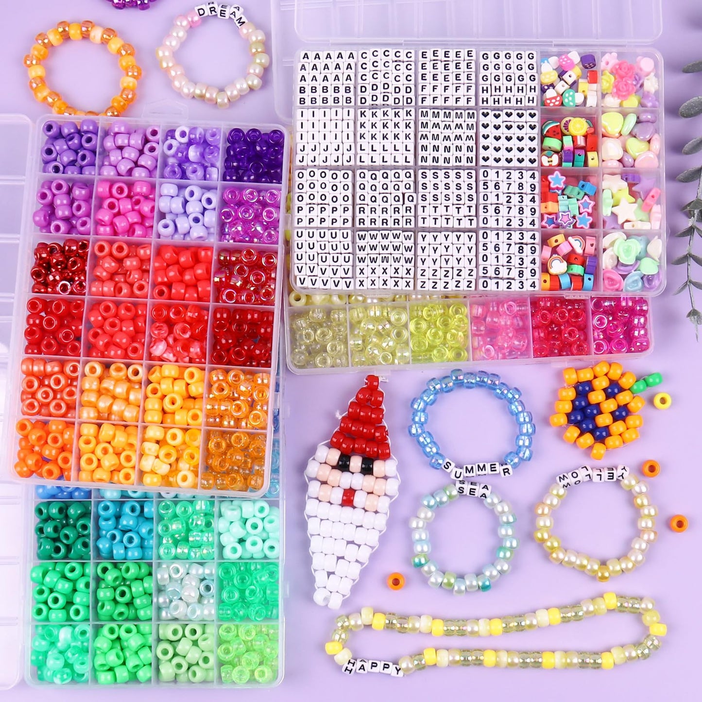 Wuollgess 4000 Pcs Pony Beads for Bracelet Making Kit, 90 Colors 5 Boxes Rave Kandi Beads Glow in The Dark, with UV Color Changing, Chrome & Alphabet Letter Beads for Friendship Jewelry DIY Crafts