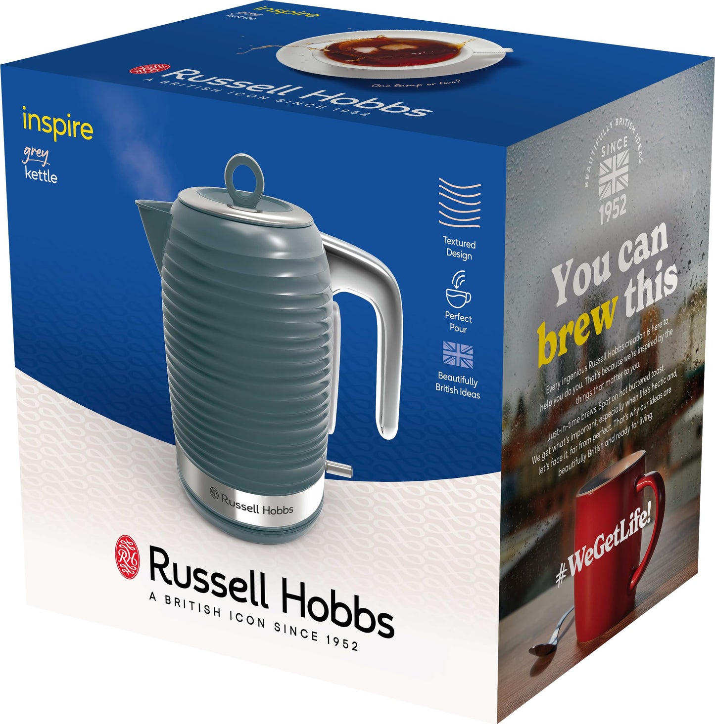 Russell Hobbs Inspire 24363-70 Kettle [1.7 L, 2400 W] Grey with High-Quality High-Gloss Structure (Quick Boil Function, Removable Limescale Filter, Water Level Indicator, Removable Lid)