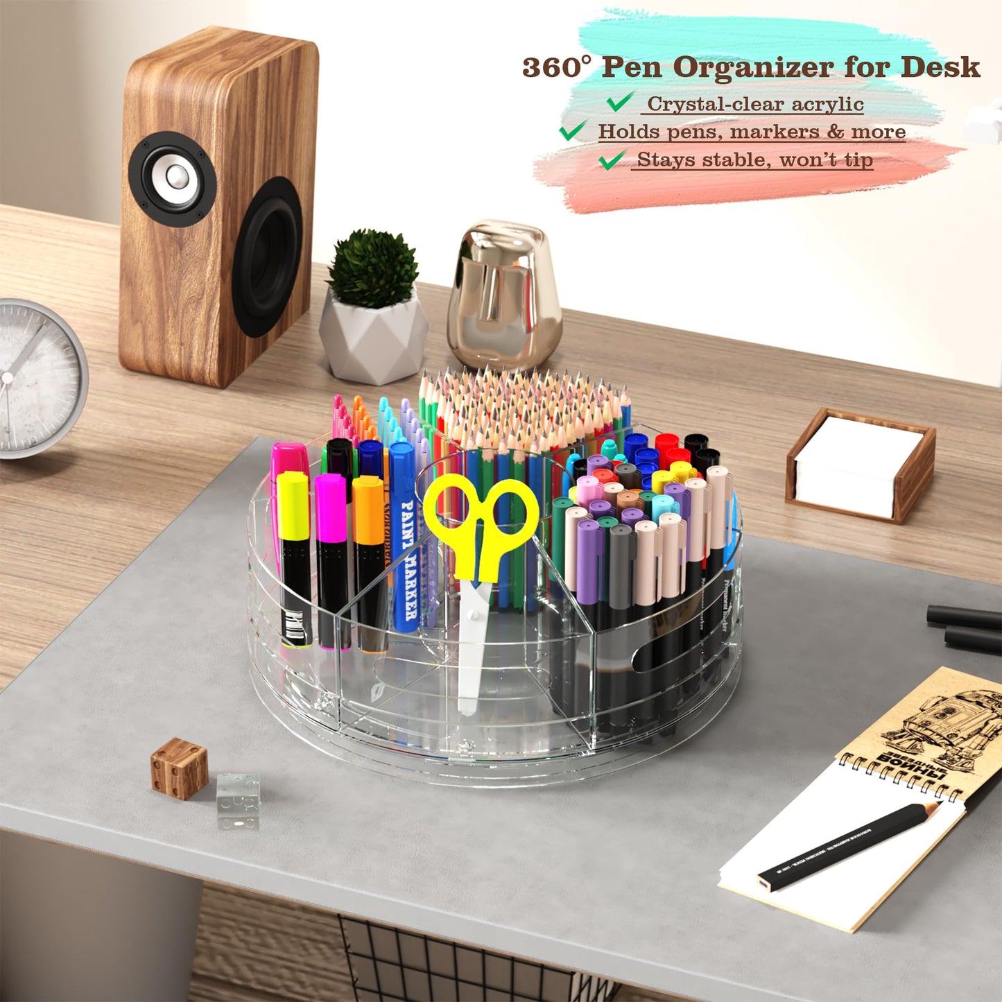 CraftGenes Rotating Desk Organizer, 360° Acrylic Pen Organizer for Desk with 7 Removable Compartments, Extra-Large Pen Holder for Office Supplies, Markers, and Art Supplies, Clear Pencil Holder