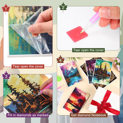 Mooliwe 4 Pcs Diamond Painting Notebook for Adults, Diamond Art Journal DIY Art Kits Sets A5 Leather Painting Sketchbook Christmas Gifts for Adults Beginners(Forests)