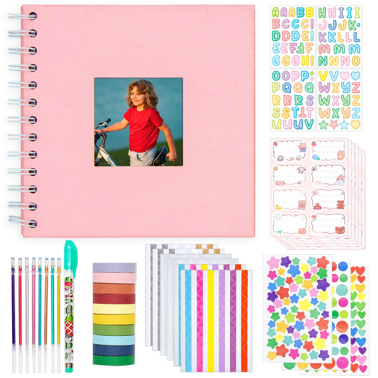 Kid Scrapbook Photo Album Hard Cover DIY Photo Album for Kids Instant Camera Print Paper with DIY Accessories (Pink)