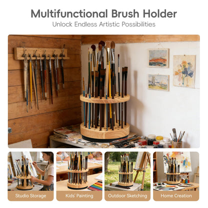 360 Rotating Paint Brush Holder | 52 Holes Hardwood Organizer for Artists Brushes | Desktop Storage Stand for Art Supplies | Craft Tools, Makeup Brush and Calligraphy Pens Rack | Natural Wood Display